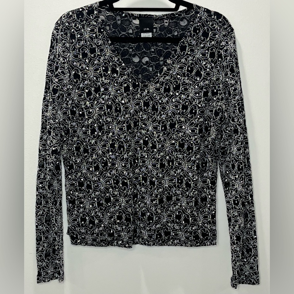 Long Sleeved Black and White Heavy Lace Top with Rhinestone Detail